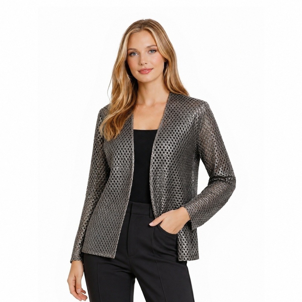 Alex Evenings Crochet Cardigan Sweater Women's Size 20W Silver Metallic Open
